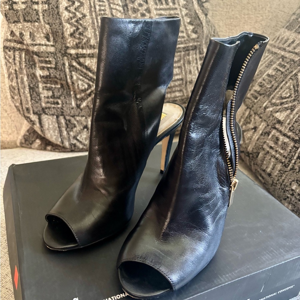 INC Black Leather Peep-Toe Ankle Boots - size 8